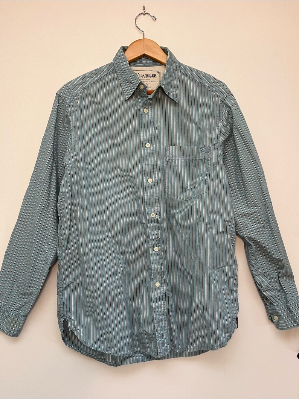 Vintage Wrangler Men's Blue/Green Stripe Button-Up Shirt